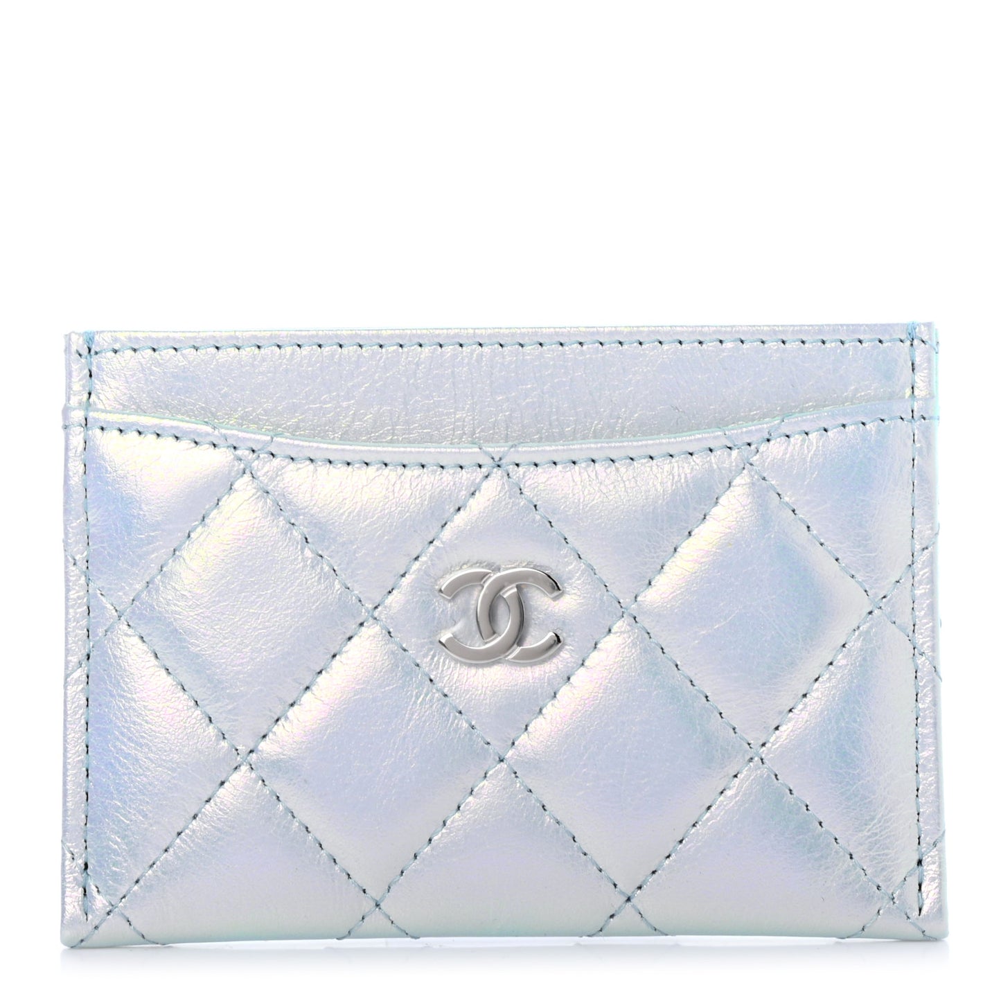 Iridescent Calfskin Quilted Card Holder Light Blue
