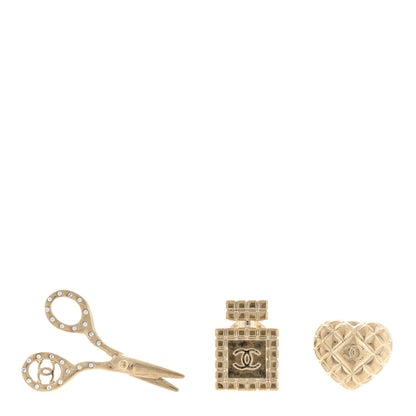 Chanel Metal Strass Crystal Quilted CC Heart Scissors Perfume Brooch Set Gold 1 of 3