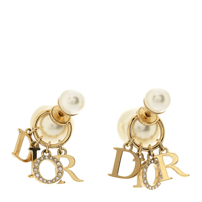 Christian Dior Pearl Crystal Tribal Logo Charms Earrings Gold 1 of 4