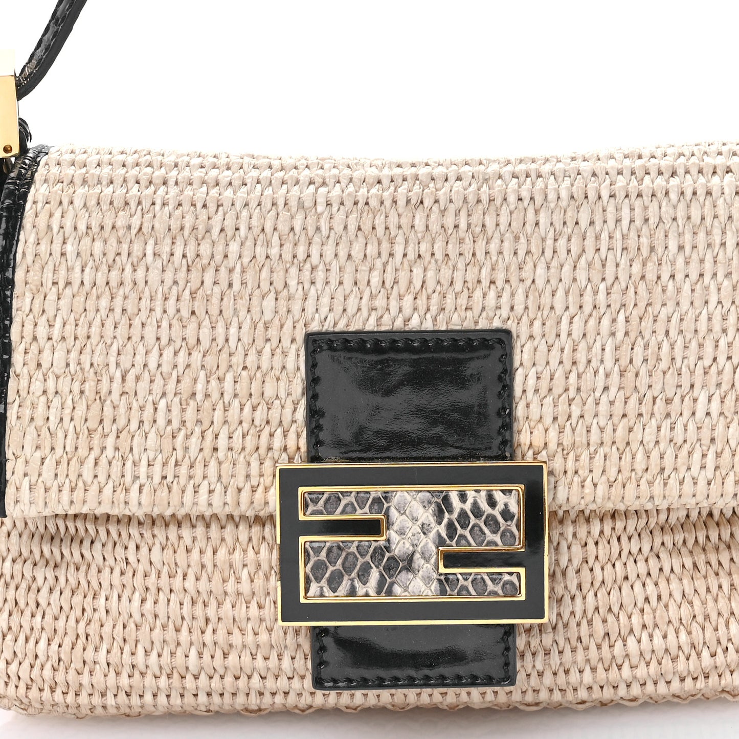 Raffia Snakeskin Patent Mini Baguette Natural Black