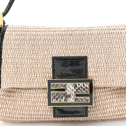 Fendi Raffia Snakeskin Patent Mini Baguette Natural Black 8 of 10