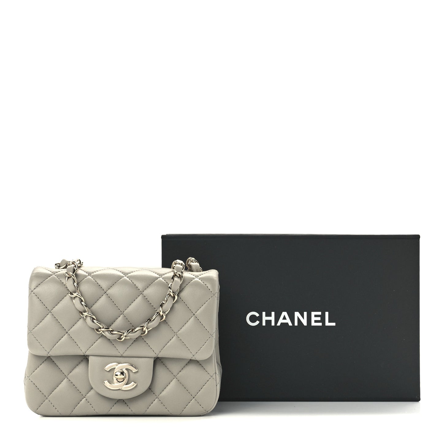 Lambskin Quilted Mini Square Flap Light Grey