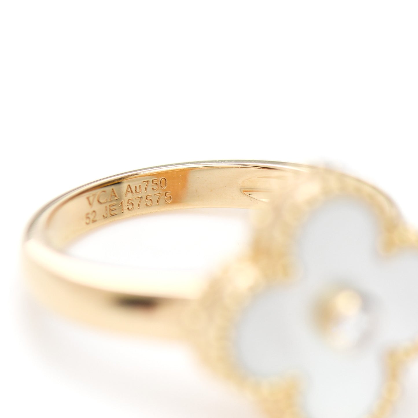 18K Yellow Gold Diamond Mother of Pearl Vintage Alhambra Ring 52 6
