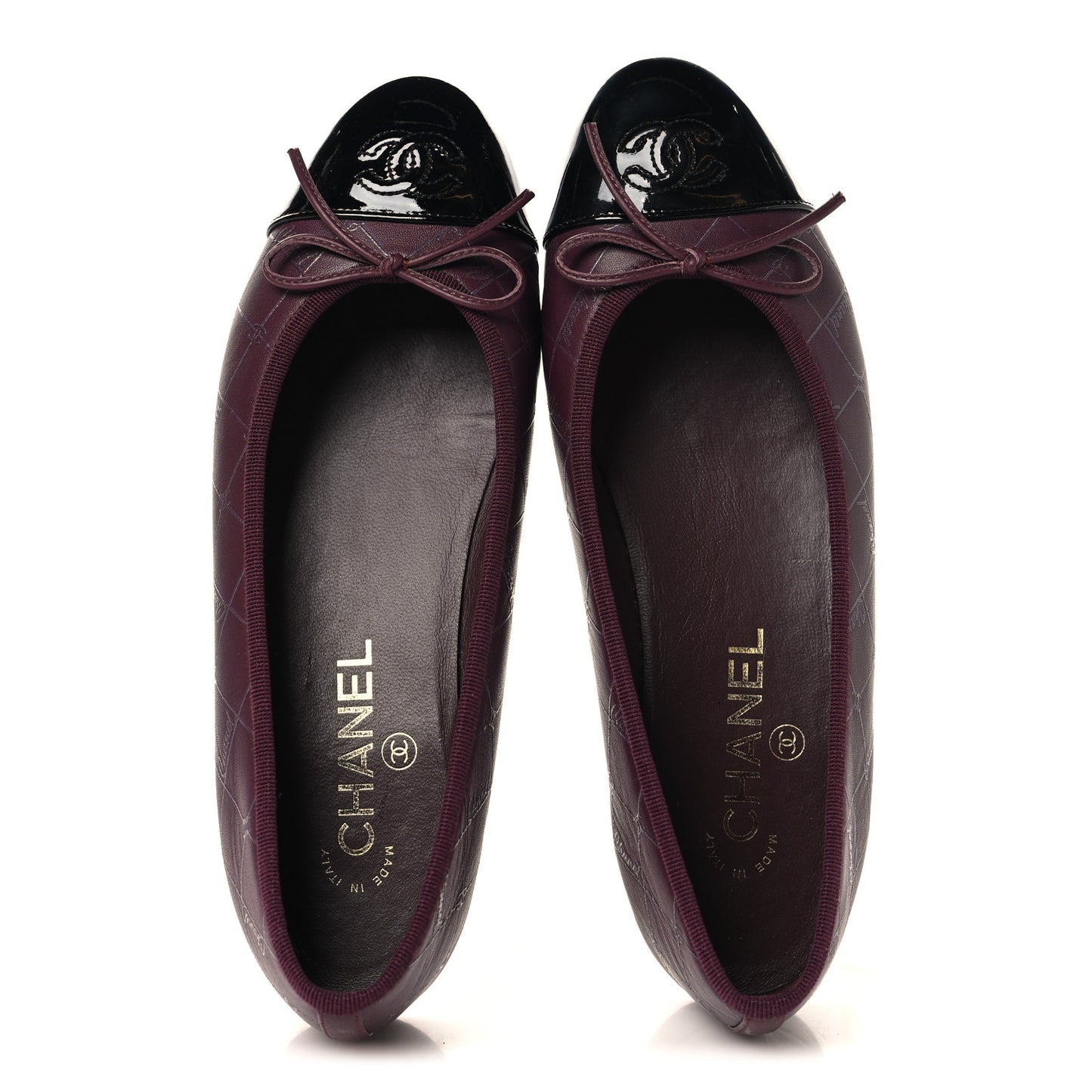 Printed Lambskin Patent CC Cap Toe Ballerina Flats 38 Burgundy Black