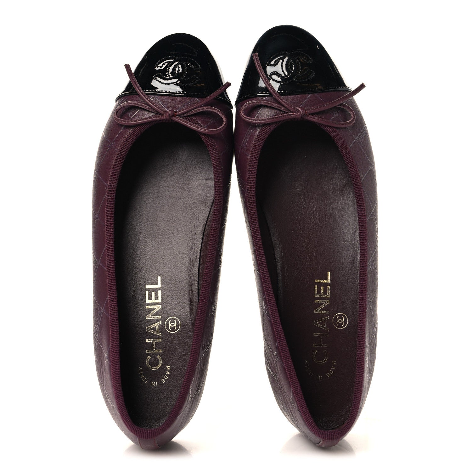 Chanel Printed Lambskin Patent CC Cap Toe Ballerina Flats 38 Burgundy Black 2 of 10