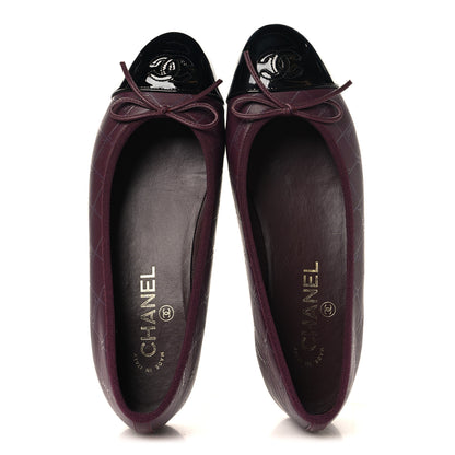 Chanel Printed Lambskin Patent CC Cap Toe Ballerina Flats 38 Burgundy Black 2 of 10