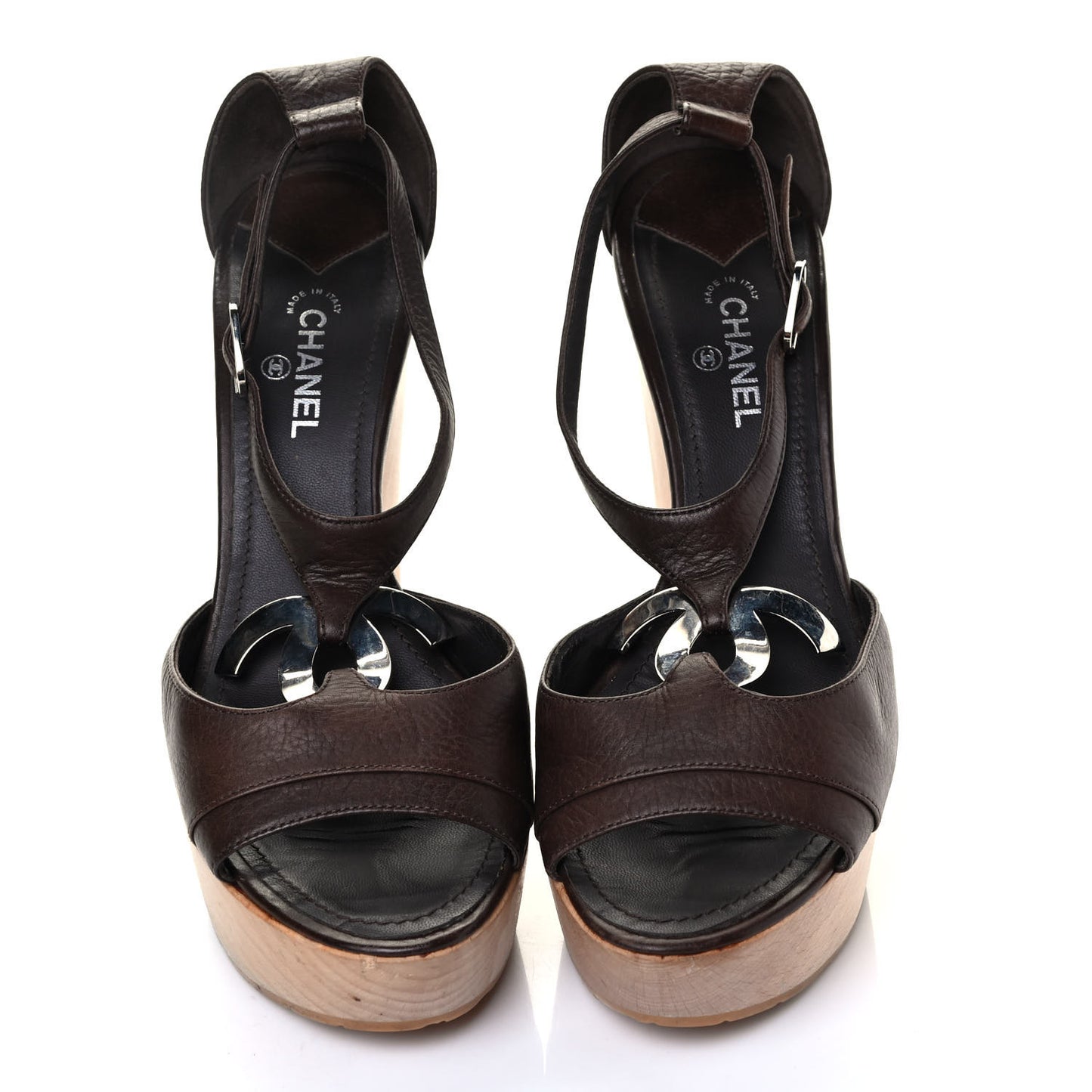 Calfskin Wooden CC Sandals 39 Dark Brown