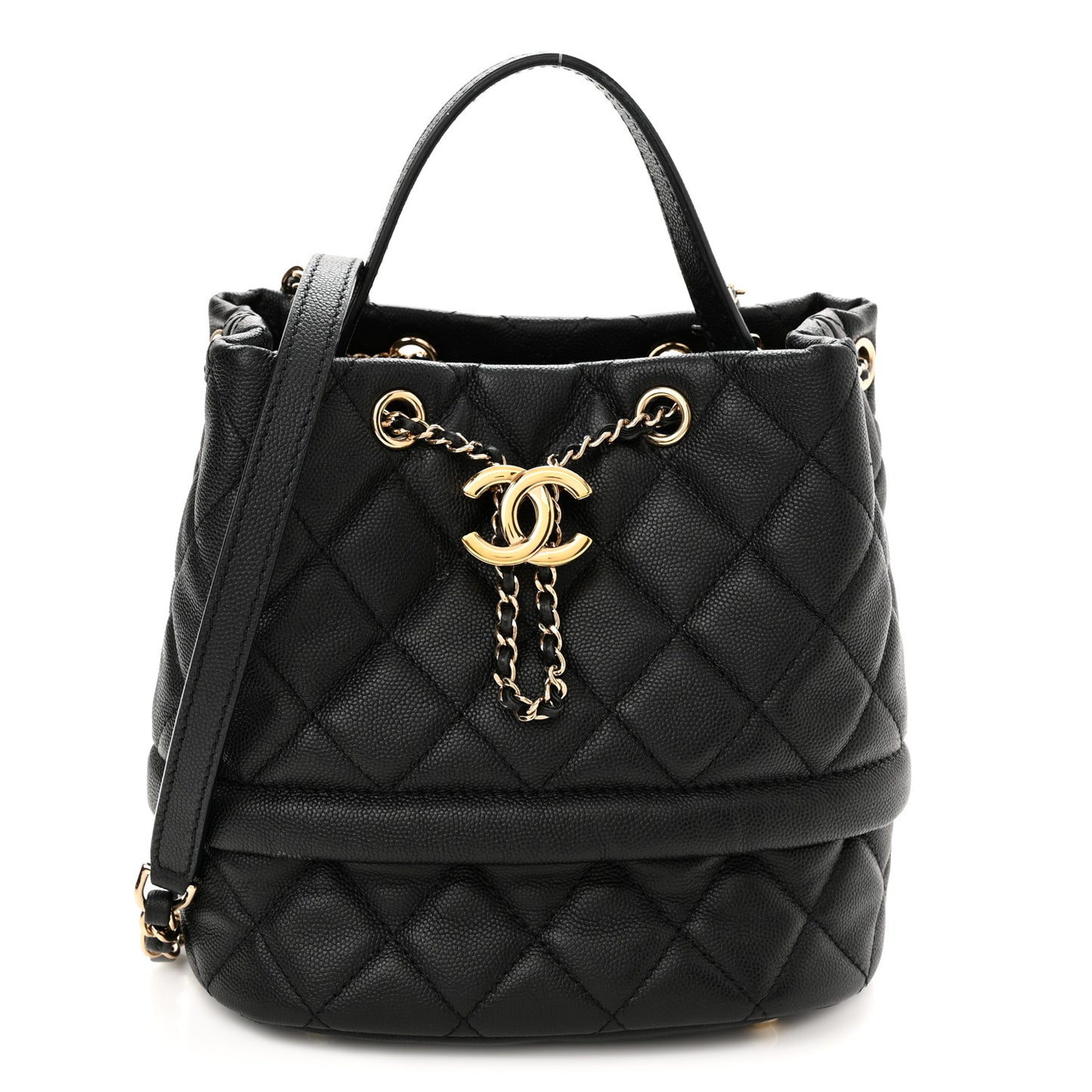 Caviar Quilted Rolled Up Bucket Drawstring Bag Black