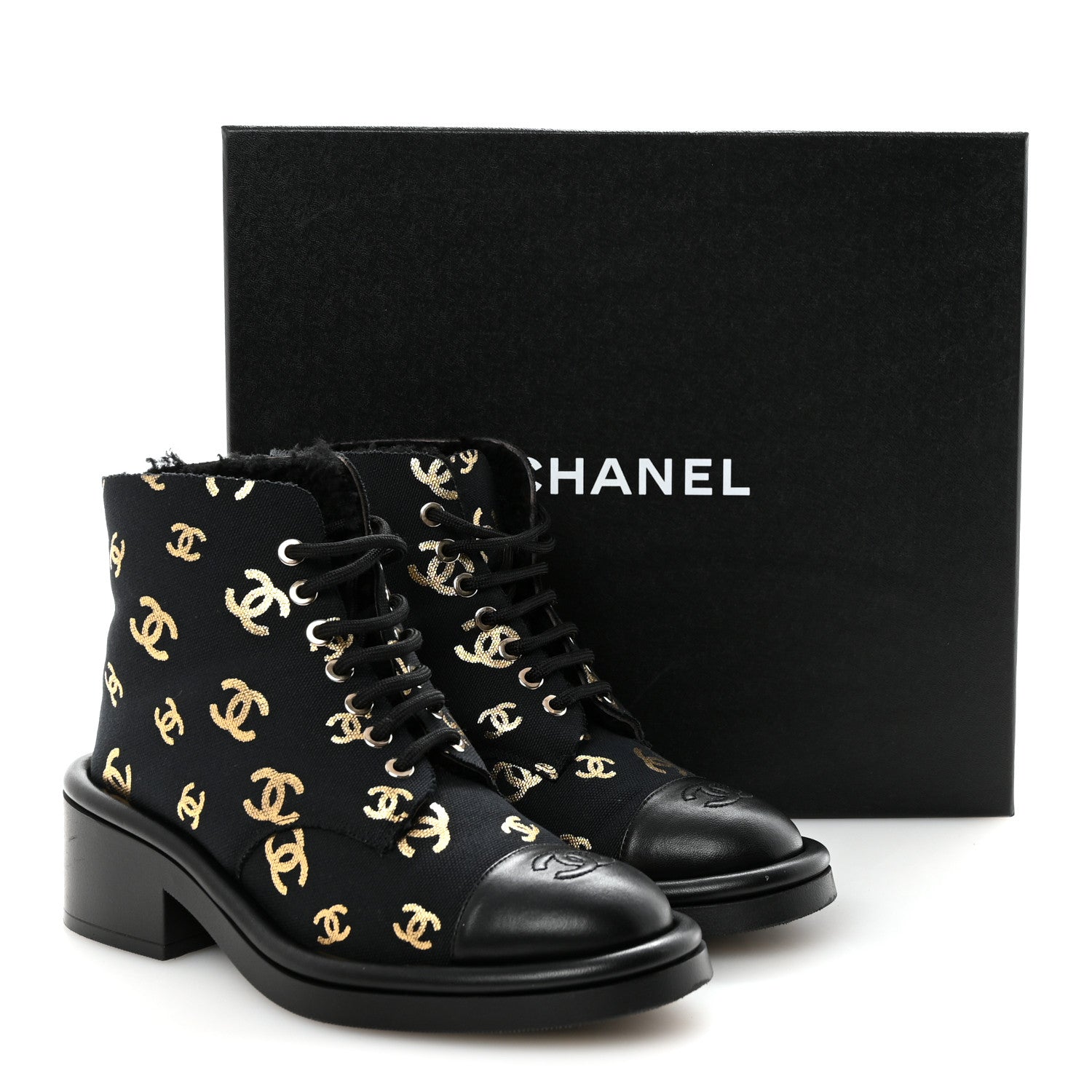 Chanel Lambskin Shearling Canvas CC Lace Up Boots 36.5 Black Gold 10 of 10