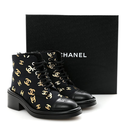 Chanel Lambskin Shearling Canvas CC Lace Up Boots 36.5 Black Gold 10 of 10