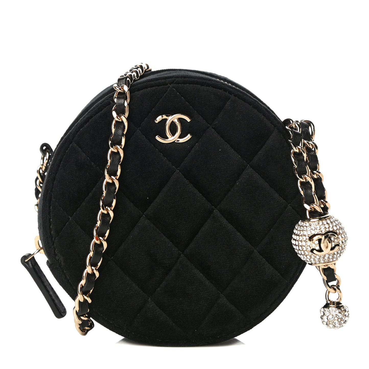 Velvet Quilted Pearl Crush Round Clutch With Chain Black