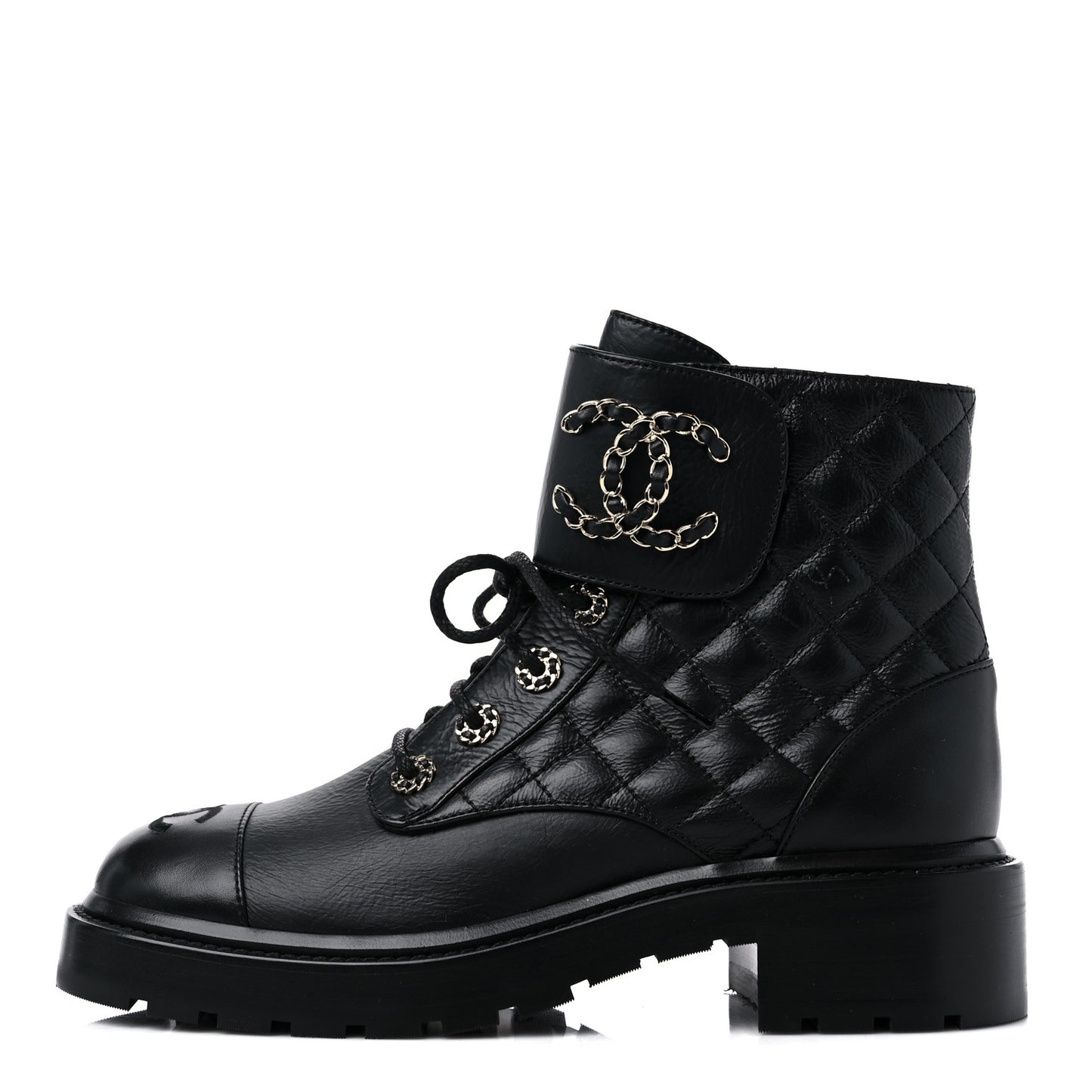 Shiny Lambskin Quilted Lace Up Combat Boots 38 Black