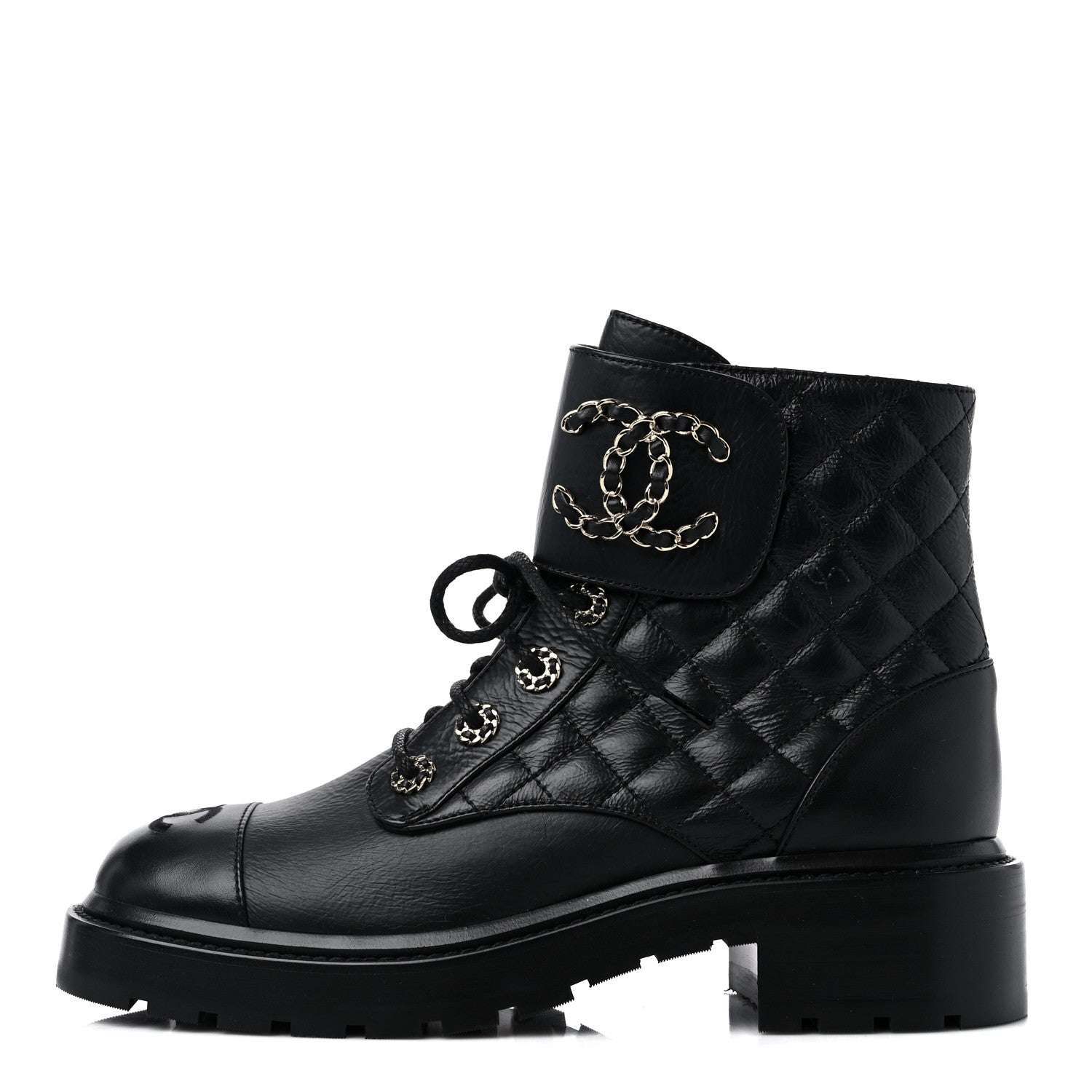 Chanel Shiny Lambskin Quilted Lace Up Combat Boots 38 Black 1 of 8