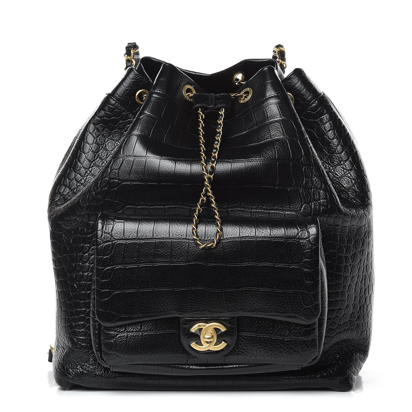 Calfskin Crocodile Embossed Large Backpack Black