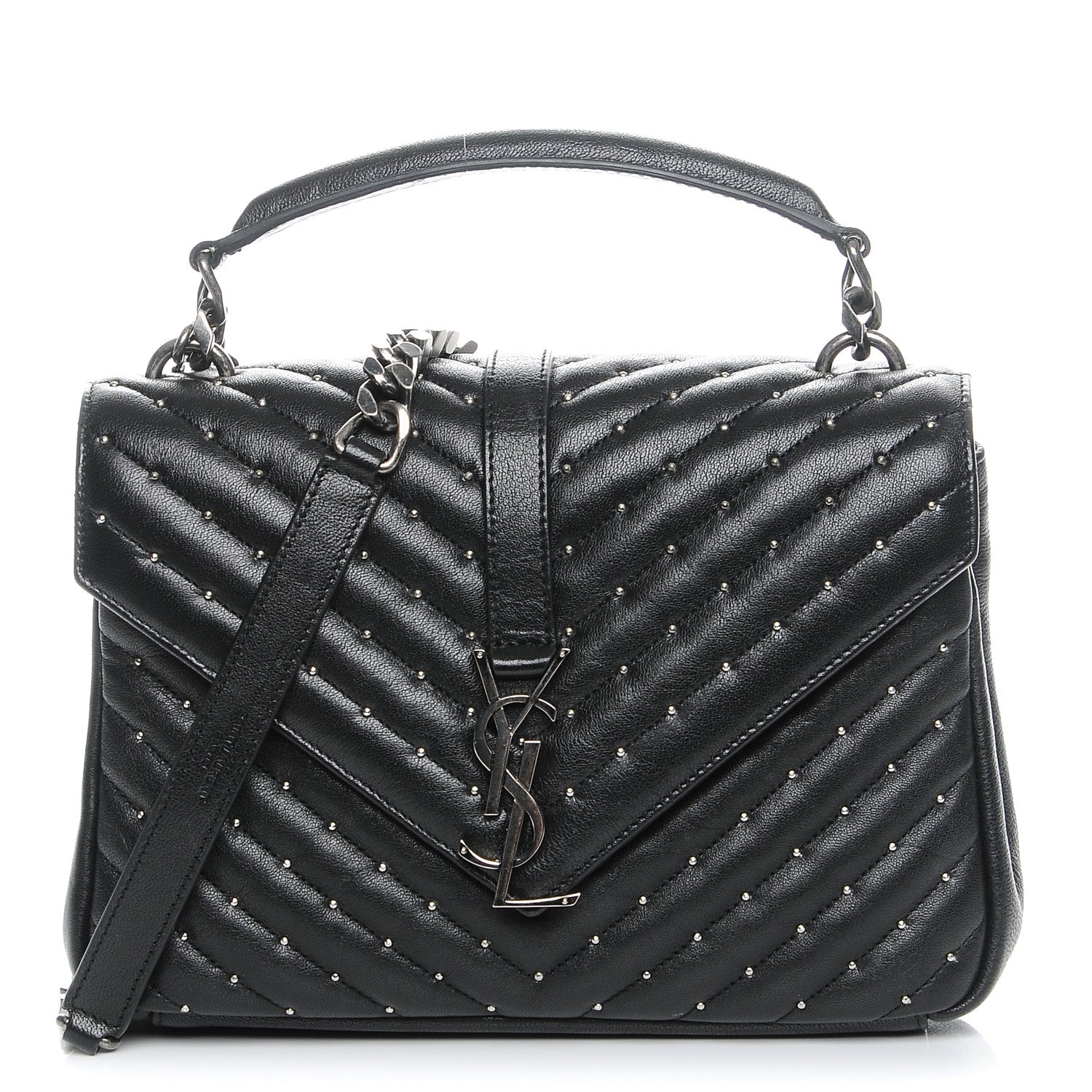 Saint Laurent Lambskin Matelasse Chevron Studded Monogram Medium College Bag Black 1 of 7