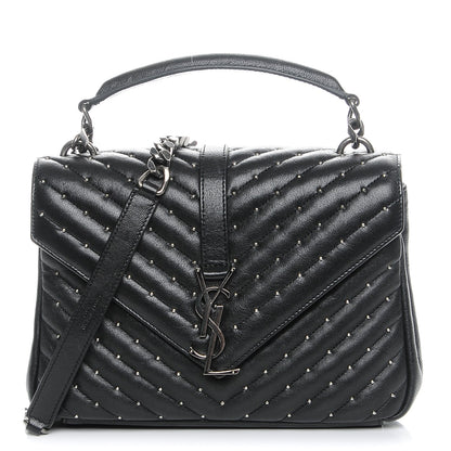 Saint Laurent Lambskin Matelasse Chevron Studded Monogram Medium College Bag Black 1 of 7