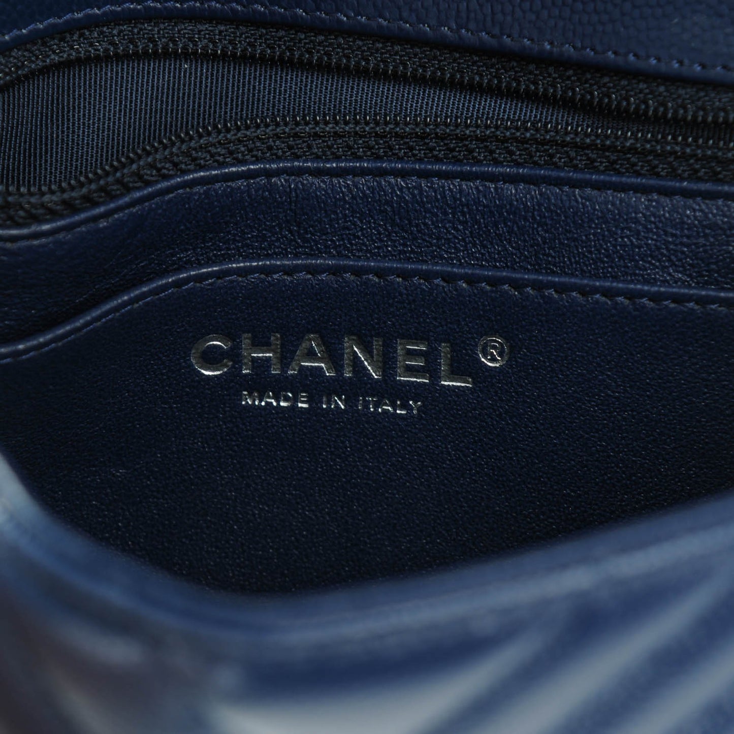 Caviar Chevron Quilted Mini Square Flap Navy Blue