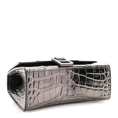 Balenciaga Metallic Shiny Calfskin Crocodile Embossed Hourglass Top Handle Bag XS Gunmetal 4 of 9