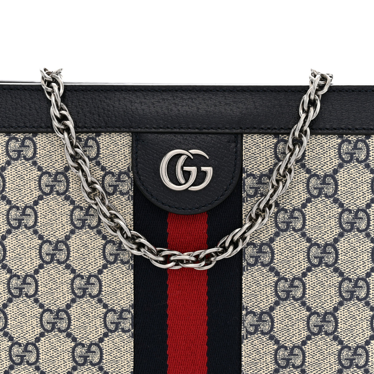 GG Supreme Monogram Textured Dollar Calfskin Web Small Ophidia Chain Shoulder Bag Beige Blue