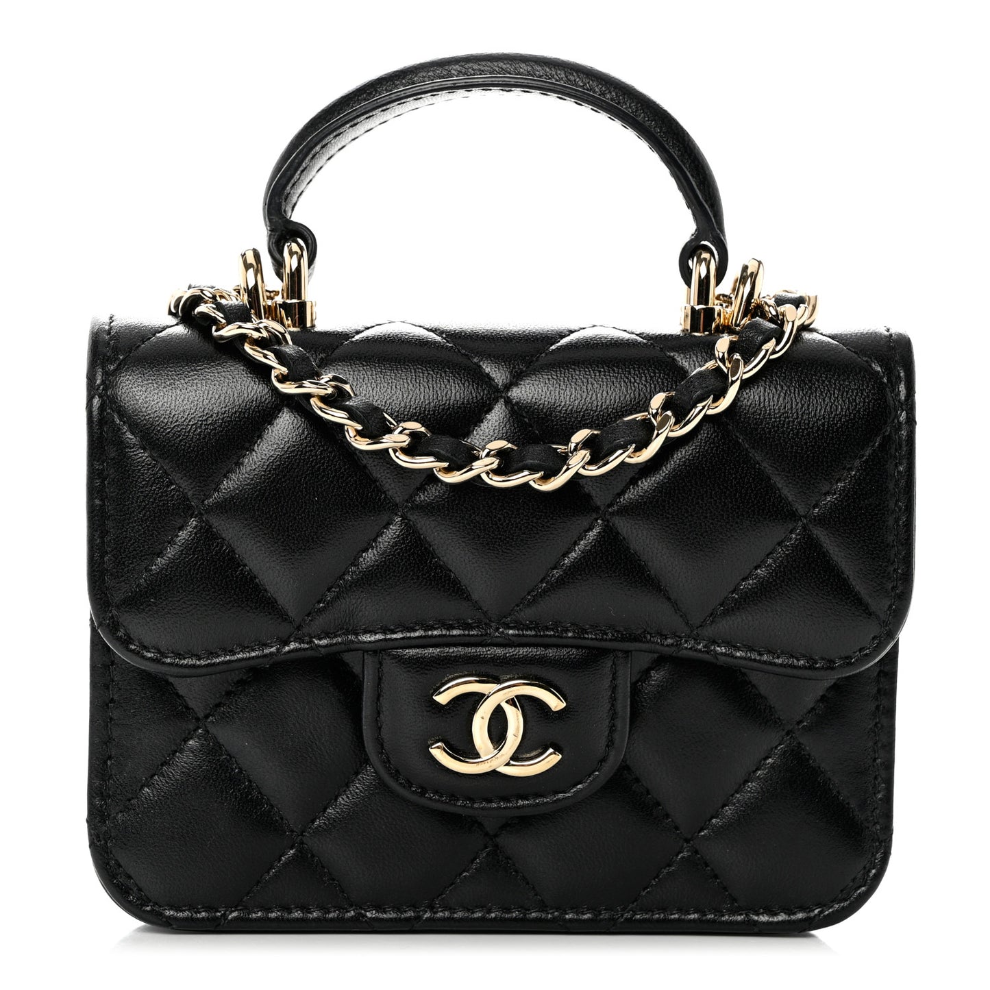 Lambskin Quilted Top Handle Flap Coin Purse With Chain Black
