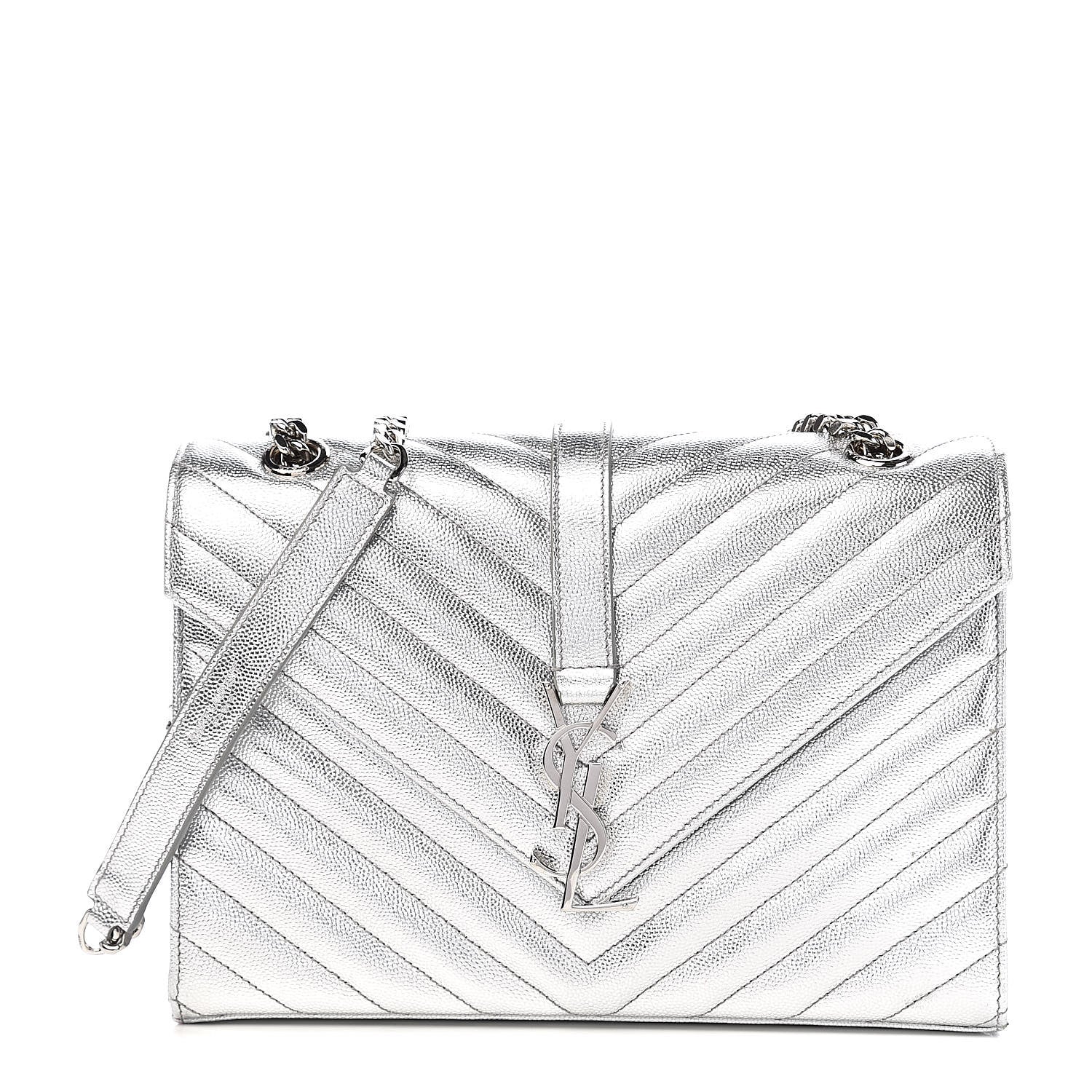 Saint Laurent Metallic Grain De Poudre Matelasse Chevron Medium Monogram Satchel Silver 1 of 11