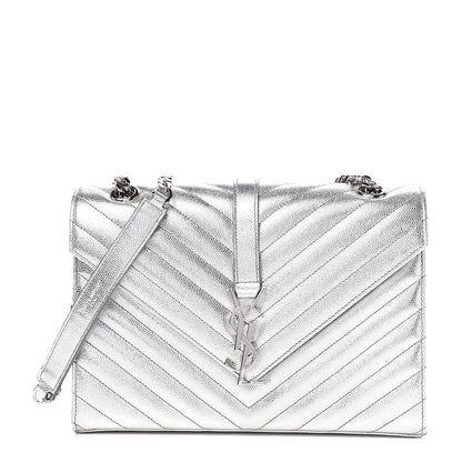 Saint Laurent Metallic Grain De Poudre Matelasse Chevron Medium Monogram Satchel Silver 1 of 11