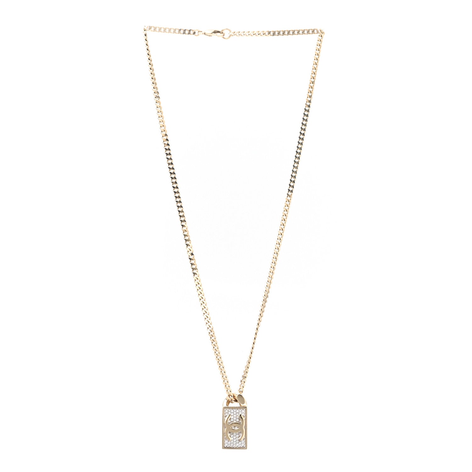 Chanel Crystal Dog Tag Charm Necklace Gold 3 of 7