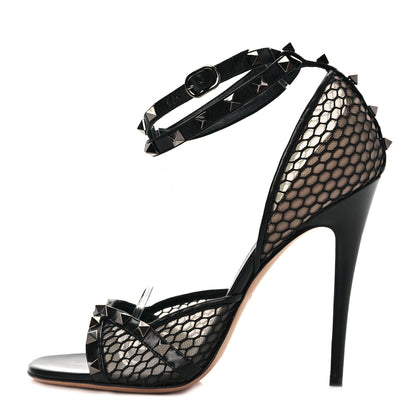 Valentino Garavani Calfskin Fishnet Rockstud Alcove Gladiator Sandals 40 Black 1 of 8