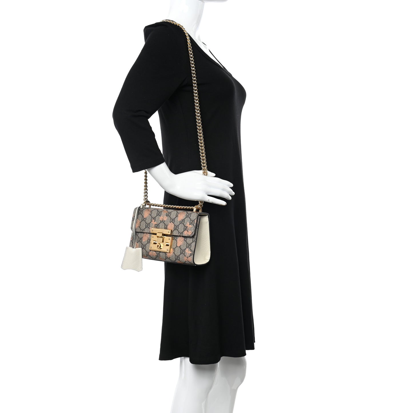 GG Supreme Monogram Berry Textured Dollar Calfskin Small Padlock Shoulder Bag Beige Ebony Light Copper Mystic White