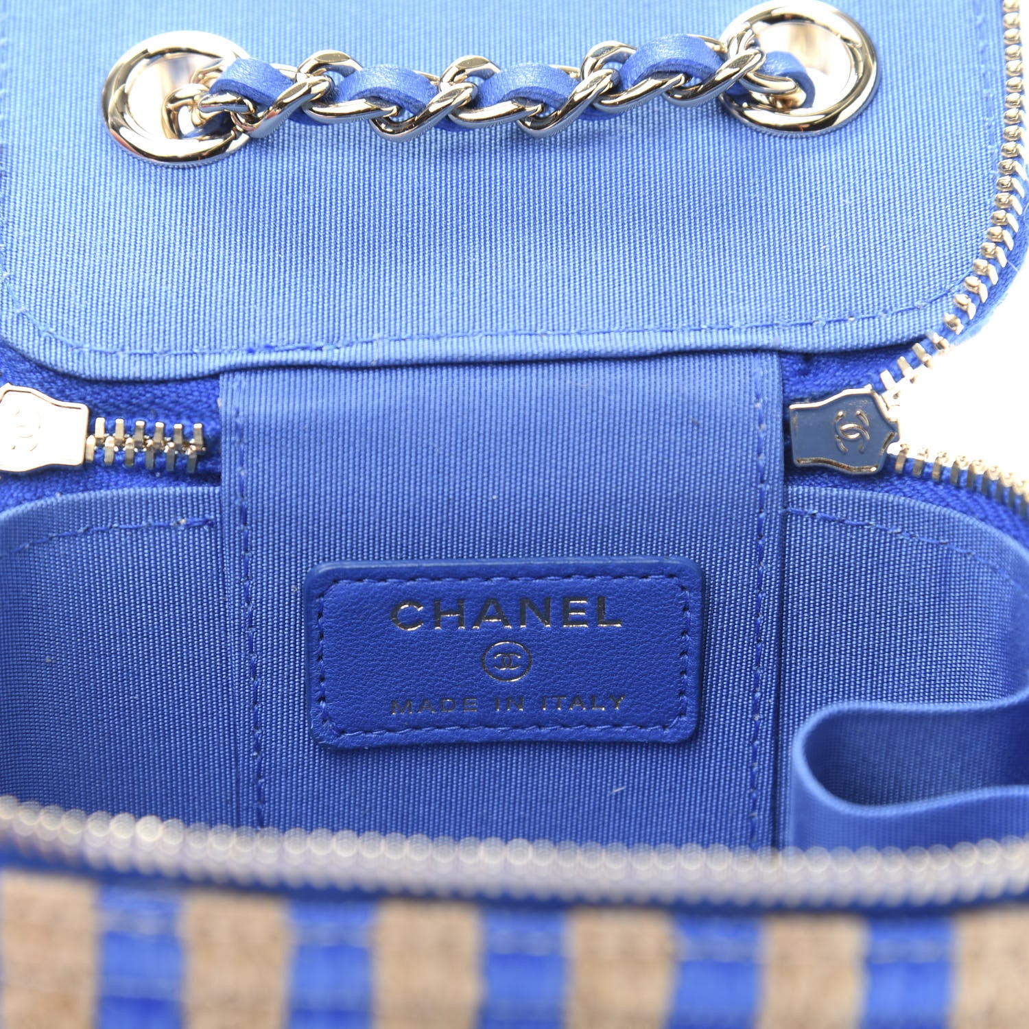 Chanel Raffia Jute Striped Mini Vanity Case With Chain Blue Beige 9 of 12