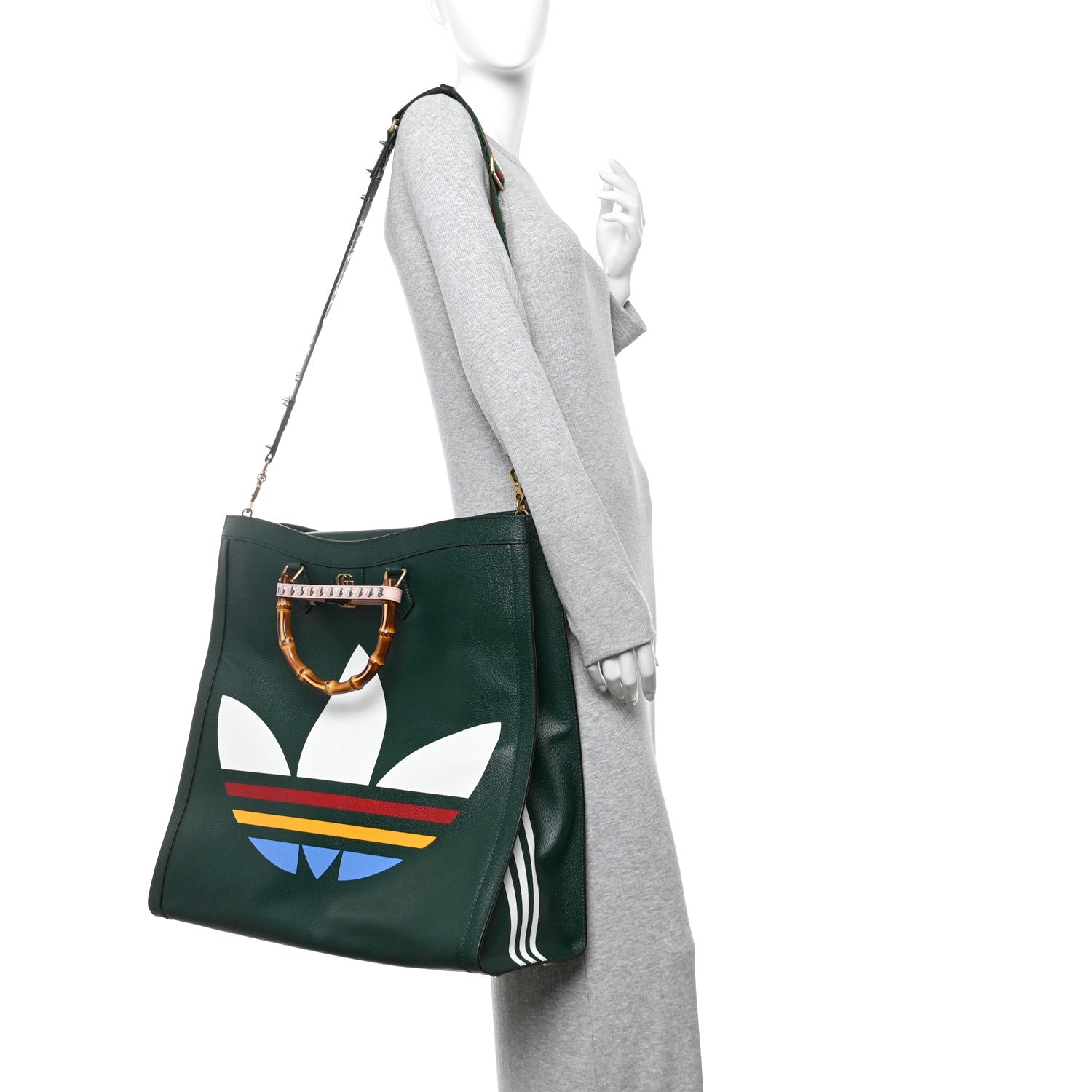 Gucci X Adidas Textured Dollar Calfskin Stripe Studded Maxi Diana Tote Bag Vintage Green Multicolor 4 of 43