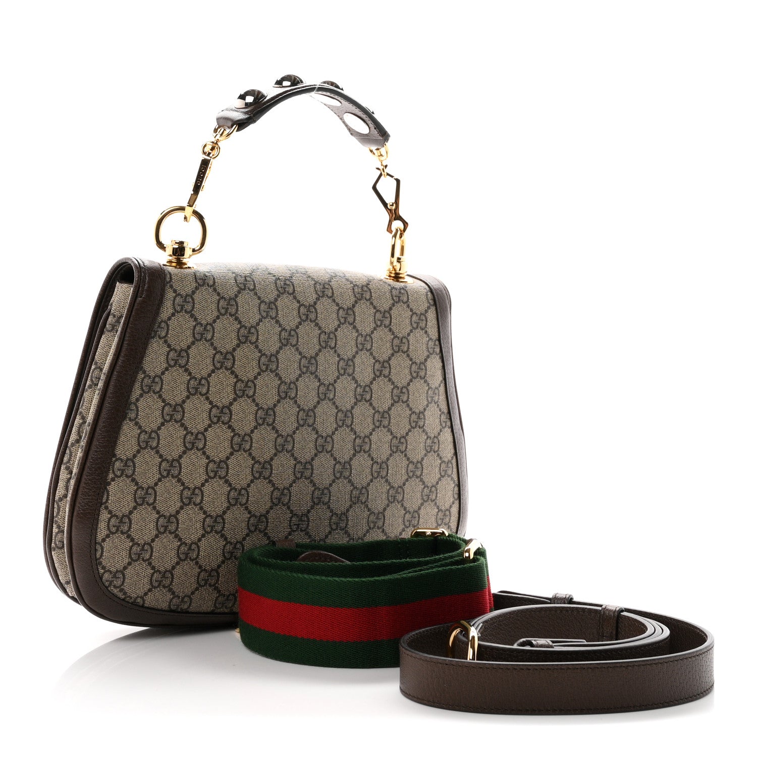 Gucci GG Supreme Monogram Textured Dollar Calfskin Web Medium Blondie Top Handle Shoulder Flap Bag Beige Ebony New Acero 3 of 10