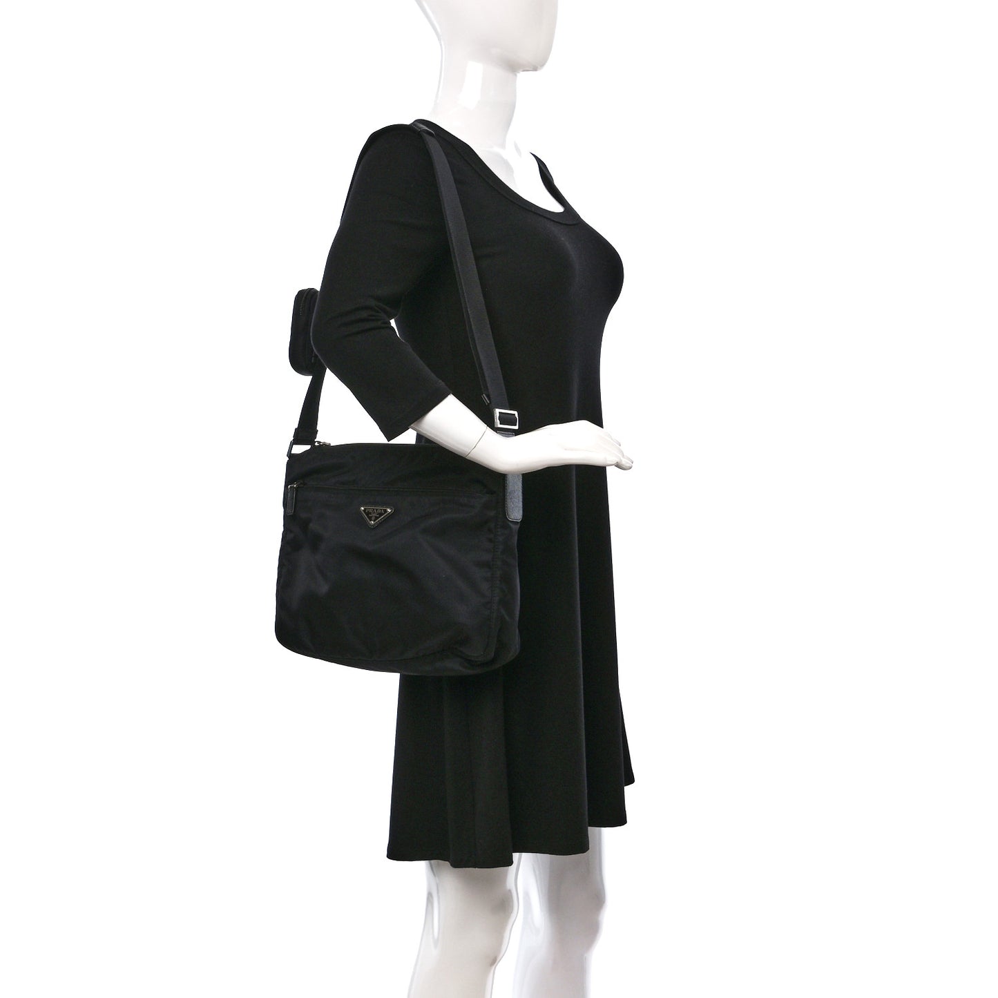 Re-Nylon Vela Saffiano Pocket Double Zip Messenger Bag Black