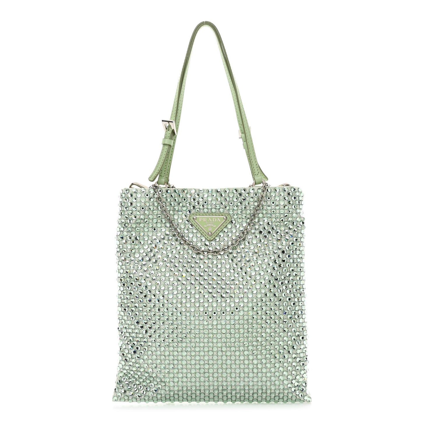 Satin Crystal Metal Triangle Logo Chain Crossbody Handbag Acqua Acqua