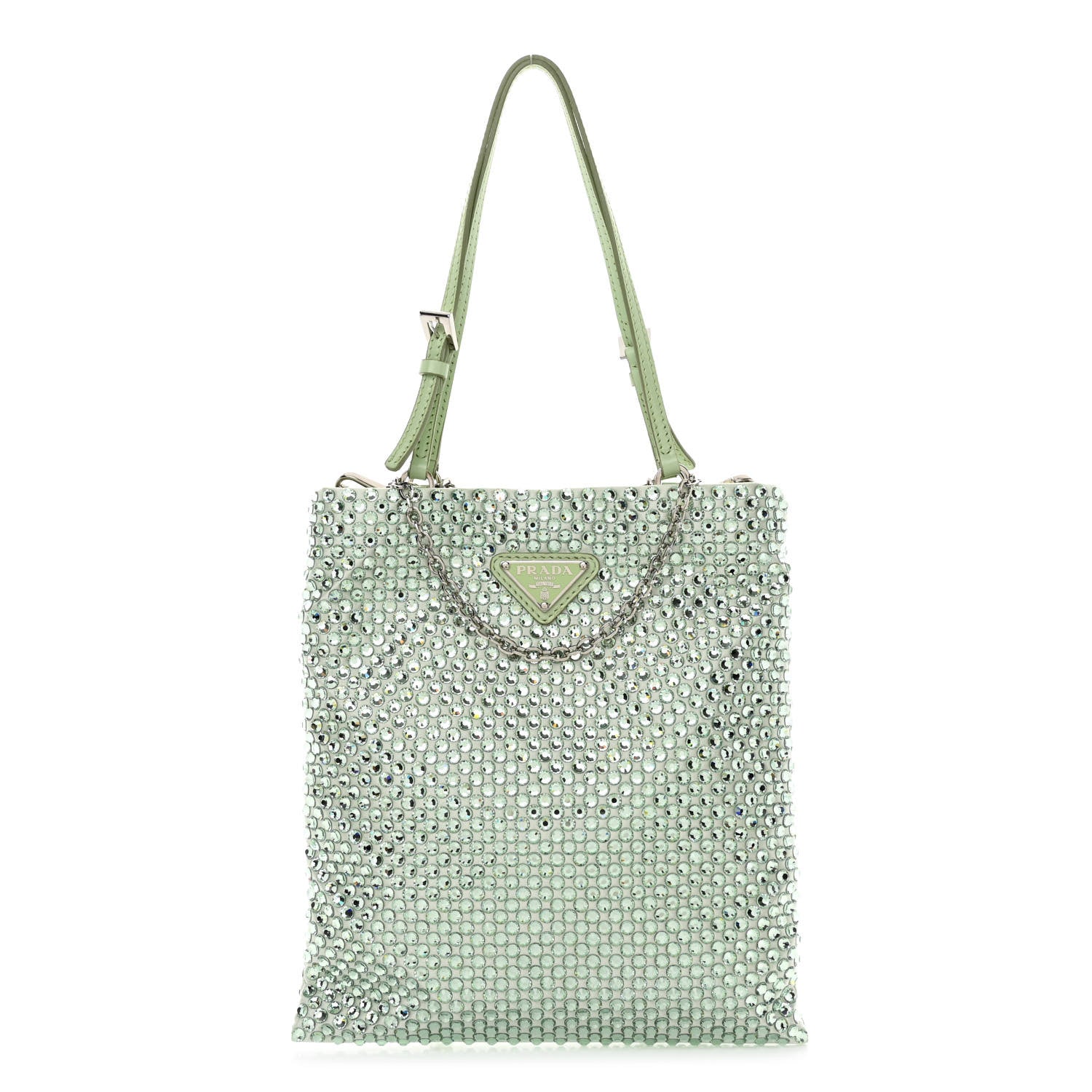 Prada Satin Crystal Metal Triangle Logo Chain Crossbody Handbag Acqua Acqua 1 of 10