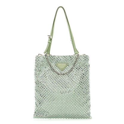 Prada Satin Crystal Metal Triangle Logo Chain Crossbody Handbag Acqua Acqua 1 of 10