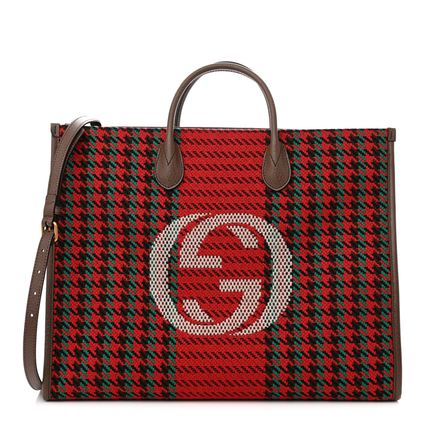 Cotton Wool Textured Calfskin Houndstooth Woven Large Interlocking G Tote Red Green Ivory Multicolor New Acero