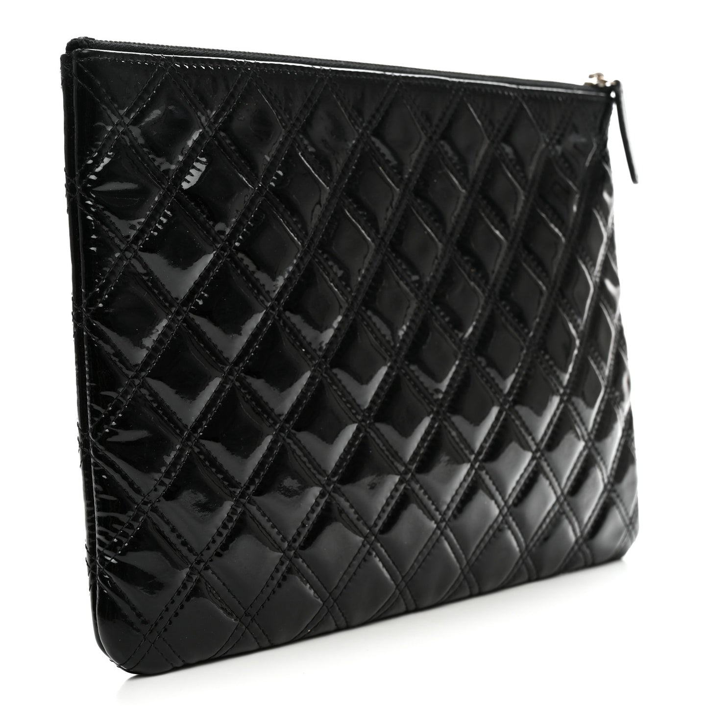 Patent Calfskin Double Stitch Quilted Cosmetic Case Black