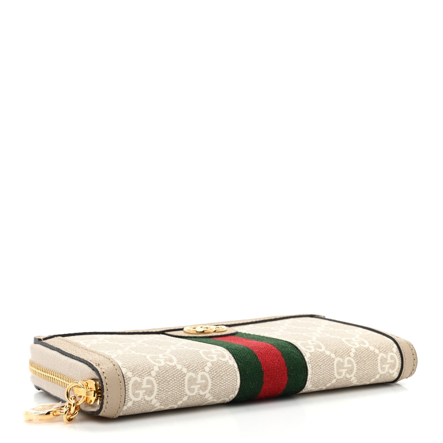 Gucci GG Supreme Monogram Textured Dollar Calfskin Web Ophidia Zip Around Wallet Beige Mystic White Oatmeal 4 of 14