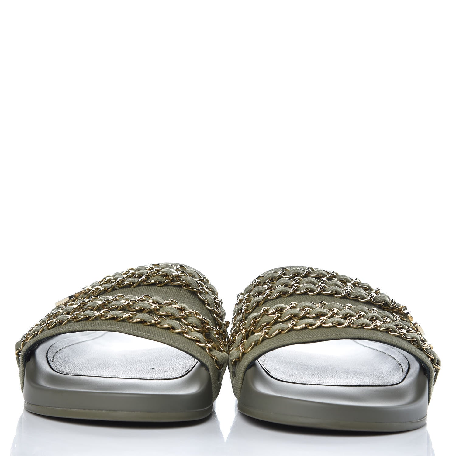 Chanel Canvas Chain Flat Sandals 40 Khaki 3 of 9