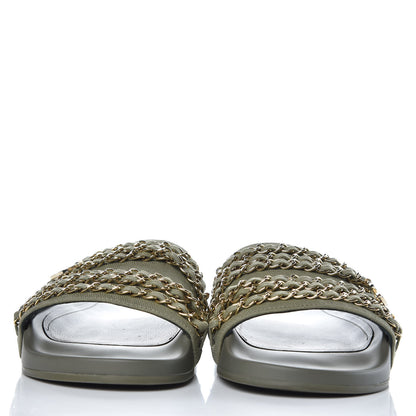 Chanel Canvas Chain Flat Sandals 40 Khaki 3 of 9