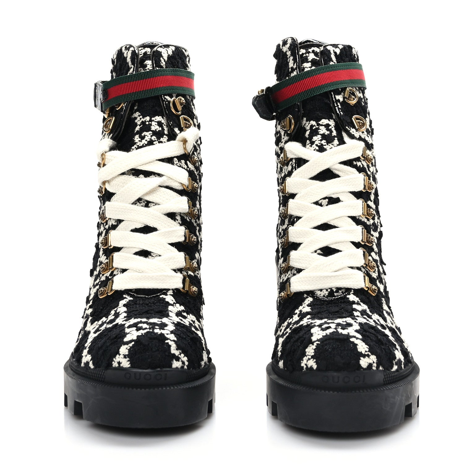 Gucci Tweed GG Monogram Lace Up Combat Ankle Boots 40 Black 2 of 7
