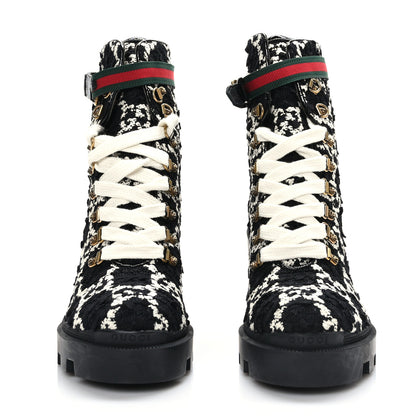 Gucci Tweed GG Monogram Lace Up Combat Ankle Boots 40 Black 2 of 7