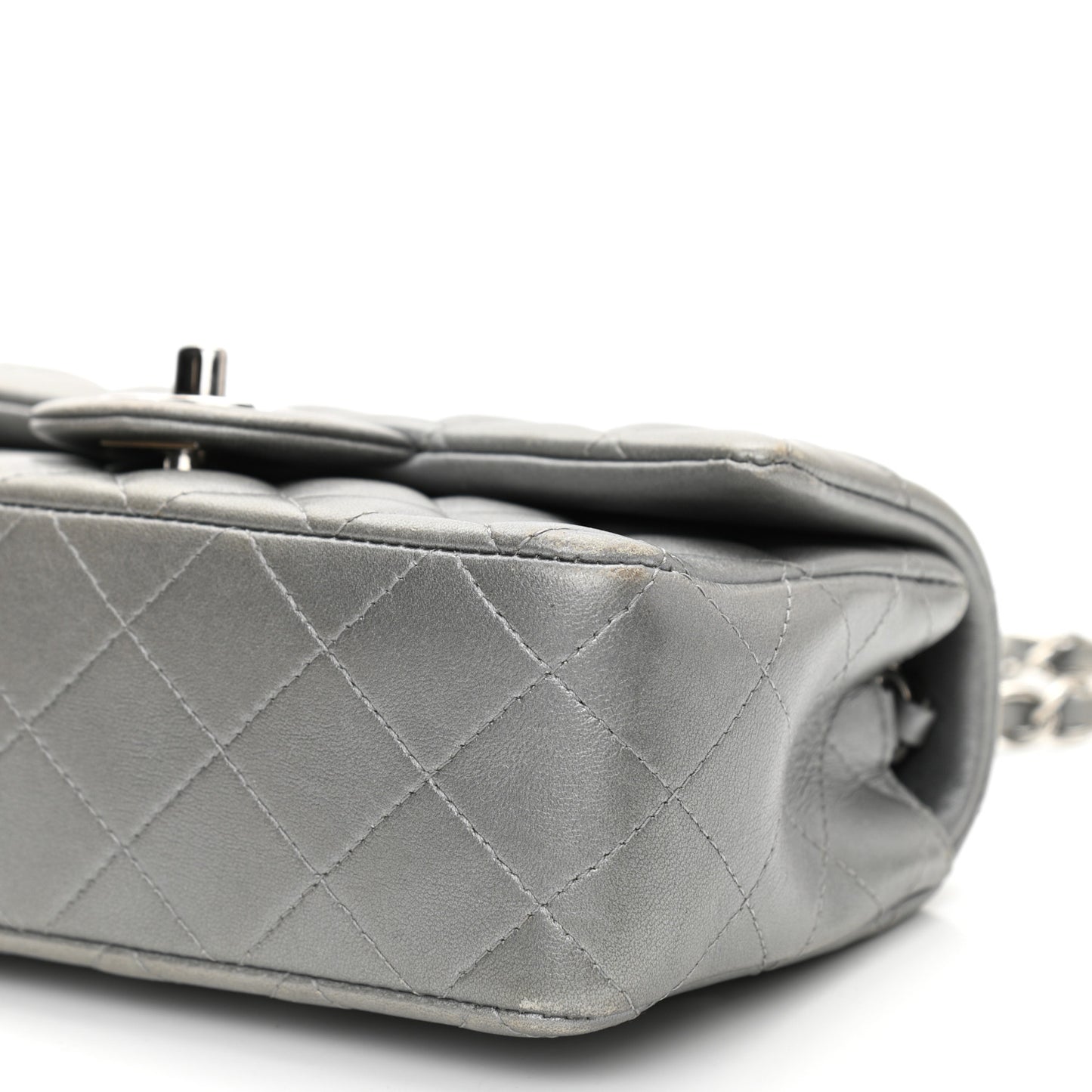 Metallic Lambskin Quilted Mini Rectangular Flap Silver
