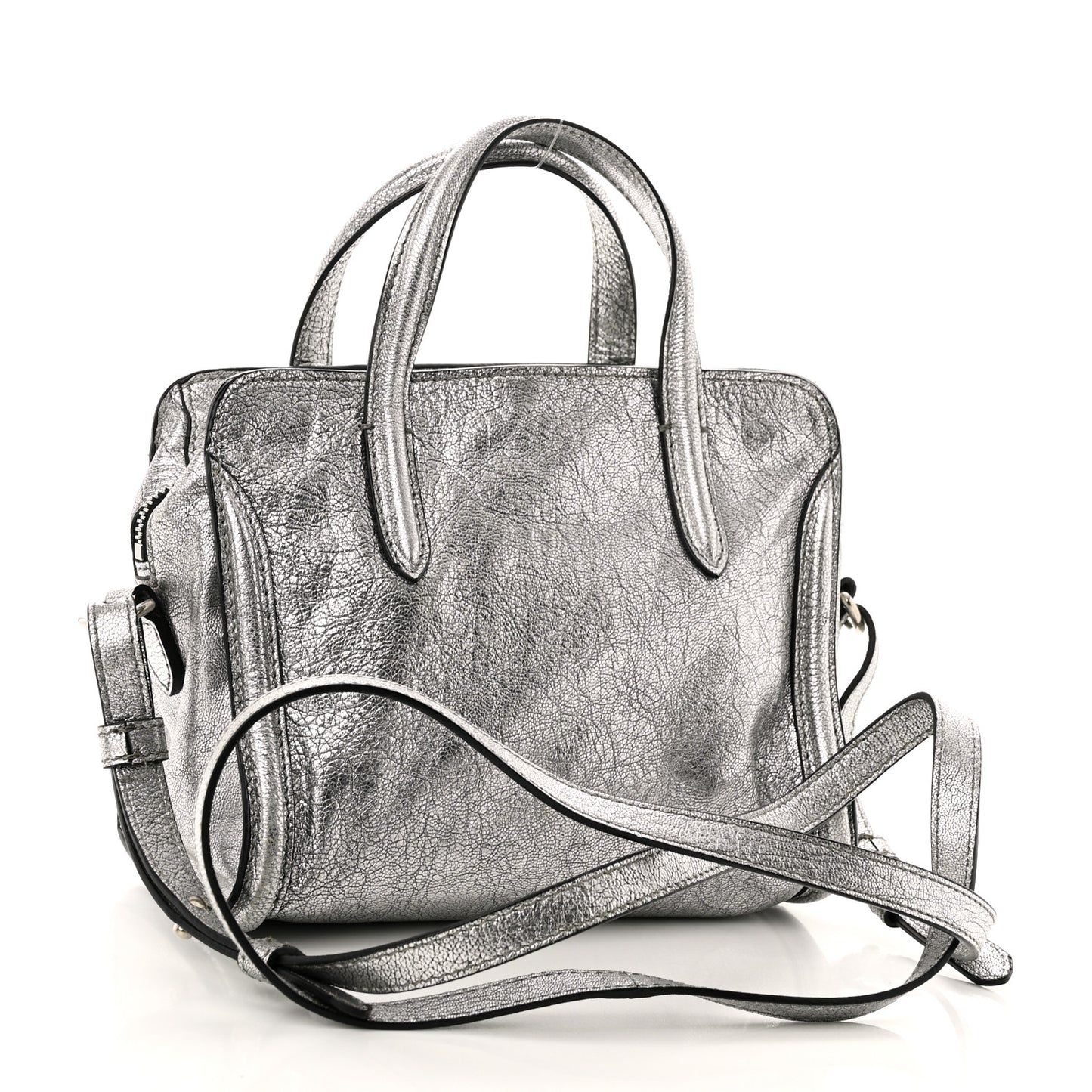 Metallic Pebbled Calfskin Mini Padlock Tote Silver
