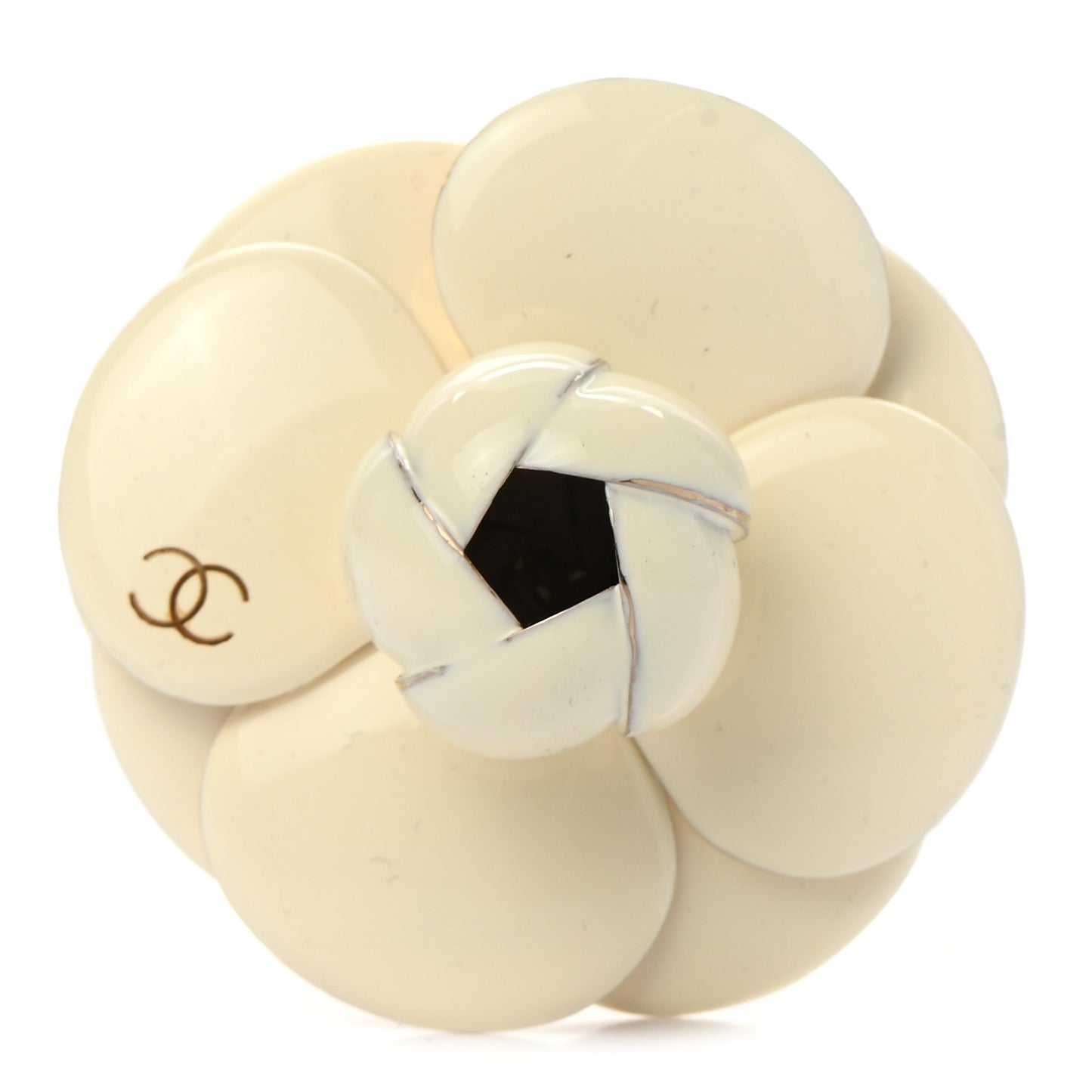 Enamel CC Camellia Brooch Pin Ivory Gold