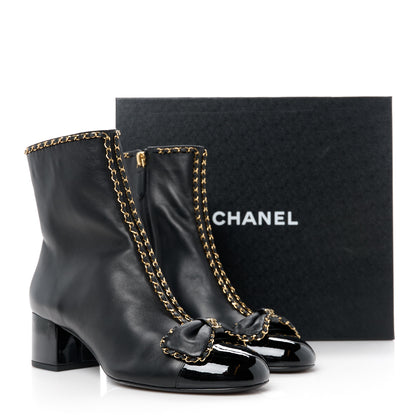 Chanel Lambskin Patent Cap Toe Chain Bow CC Short Boots 39 Black 9 of 9