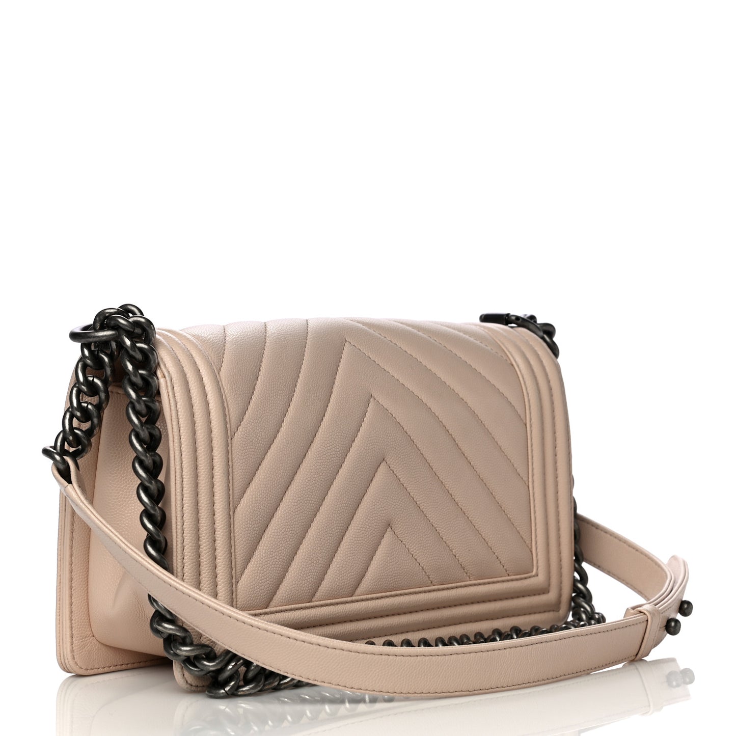 Caviar Chevron Quilted Medium Boy Flap Light Beige