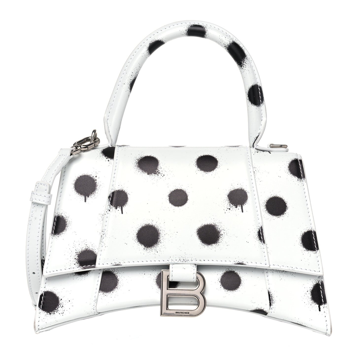 Smooth Calfskin Spray Polka Dot Small Hourglass Top Handle Bag White Black