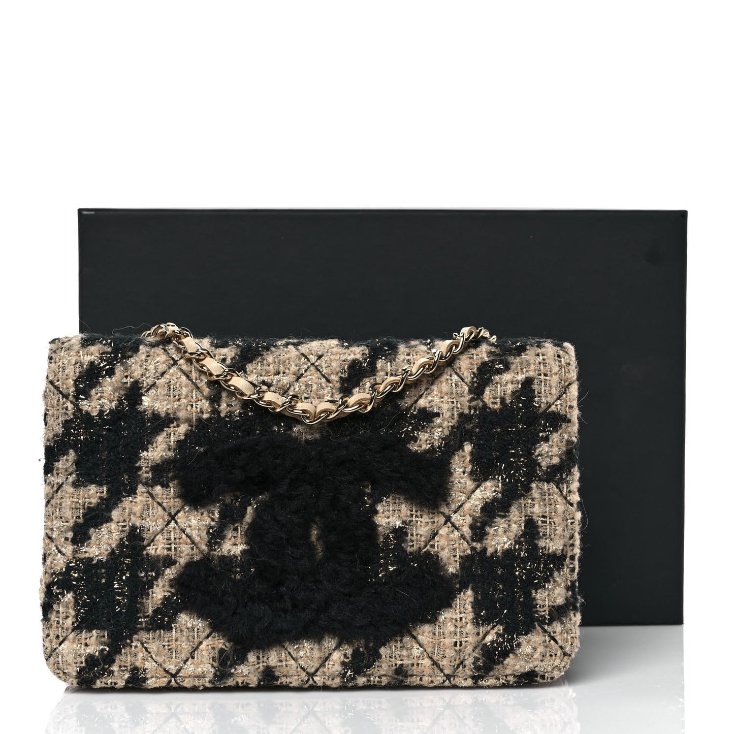 Tweed Shearling Quilted Chanel Wallet On Chain WOC Beige Black